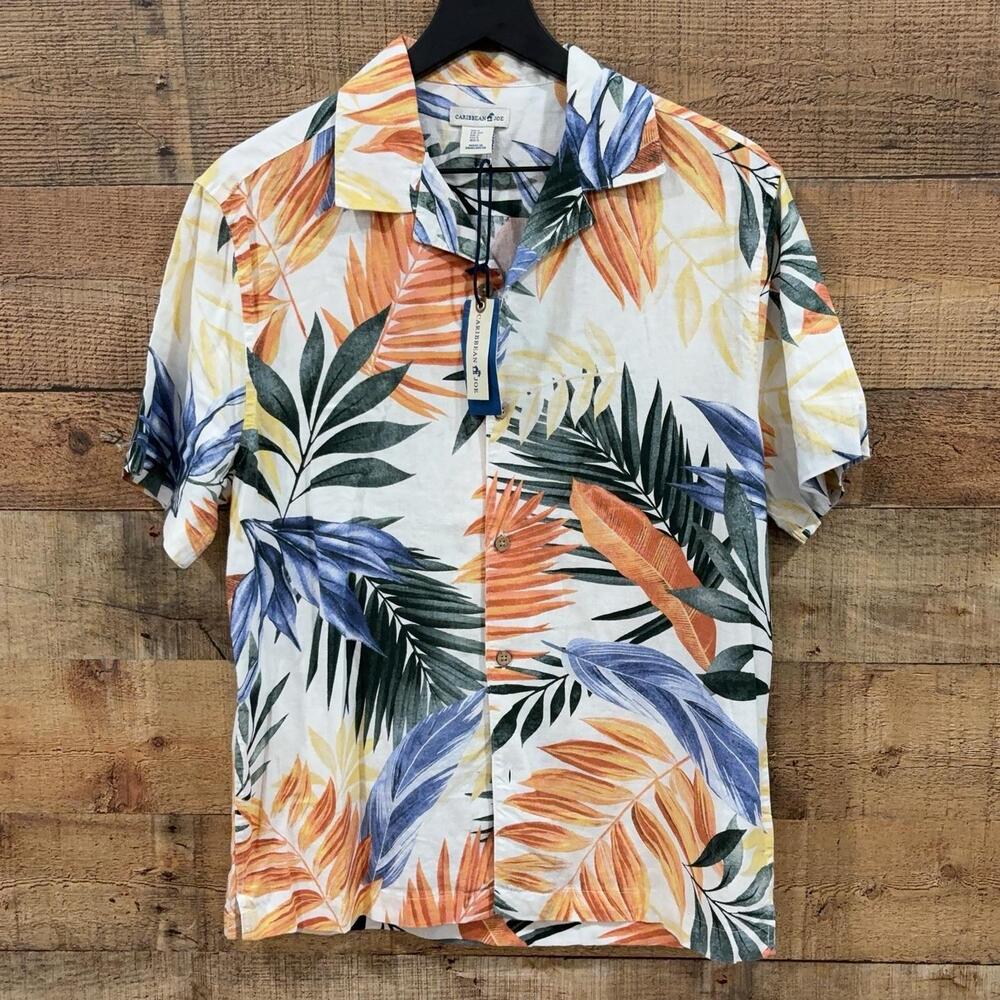 Caribbean Joe Shirt Mens Size S Multicolor Linen Tropical Button Up Beach